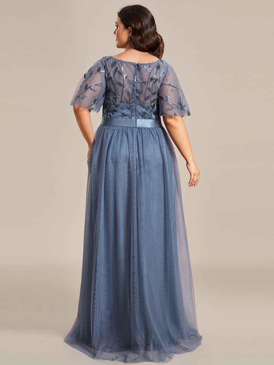 Plus Size Women's Embroidery Evening Dresses with Short Sleeve #color_Dusty Blue