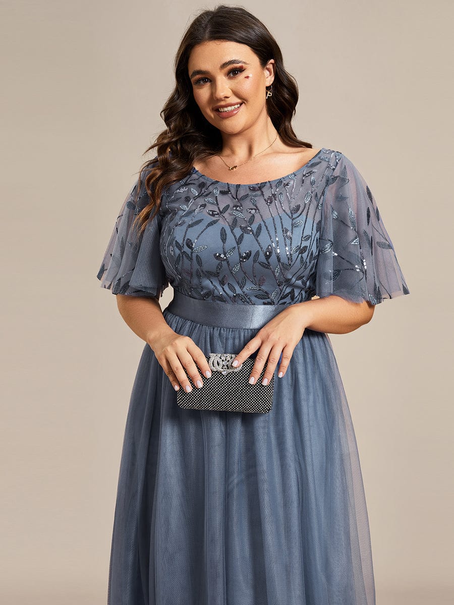 Plus Size Women's Embroidery Evening Dresses with Short Sleeve #color_Dusty Navy