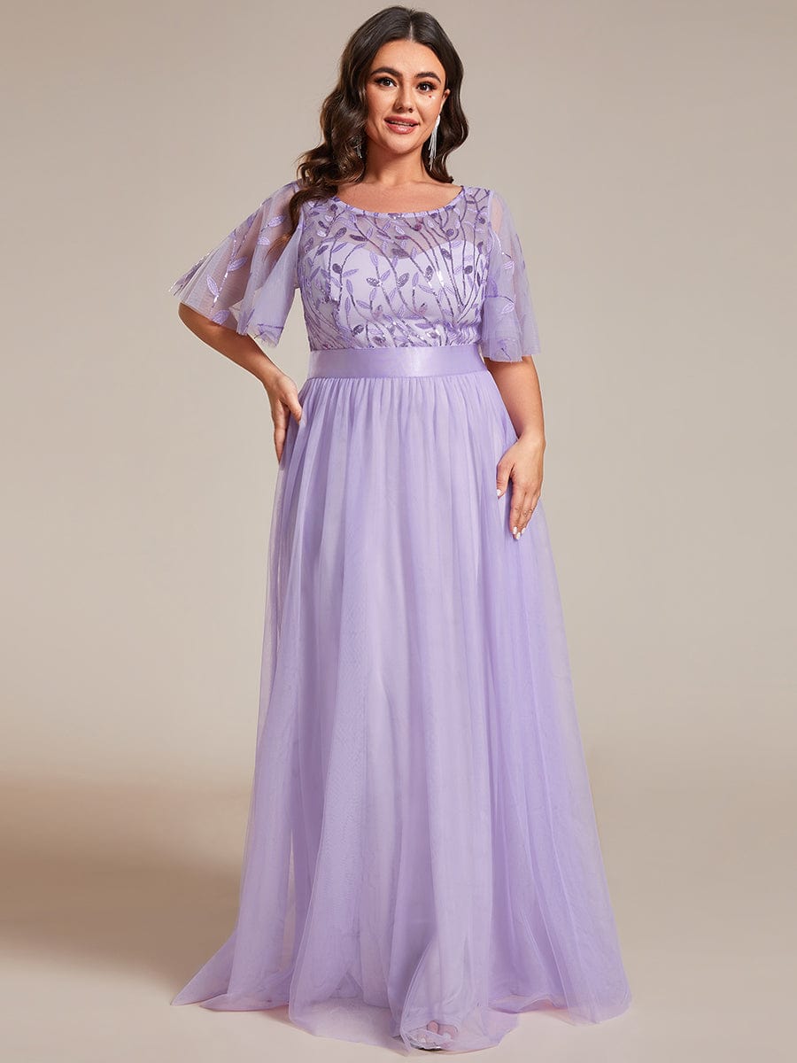 Plus Size Women's Embroidery Evening Dresses with Short Sleeve #color_Lavender