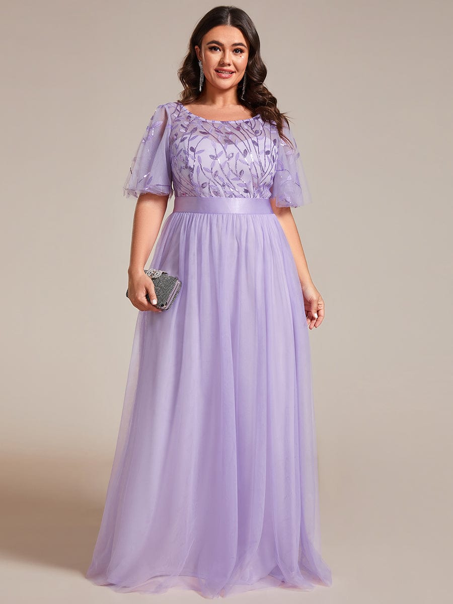 Plus Size Women's Embroidery Evening Dresses with Short Sleeve #color_Lavender