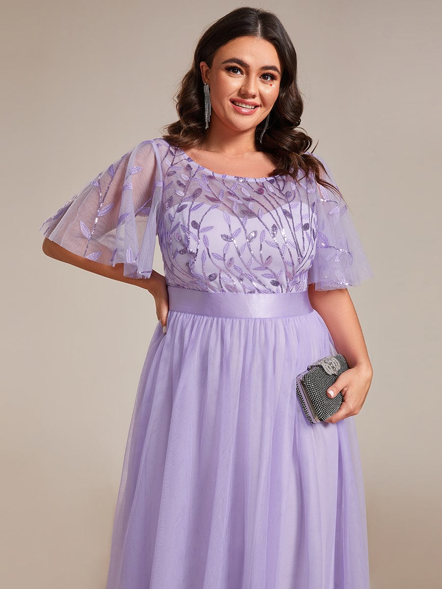 Plus Size Women's Embroidery Evening Dresses with Short Sleeve #color_Lavender