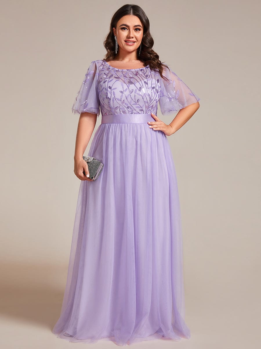 Women's A-Line Sequin Leaf Maxi Prom Dress with Sleeves #color_Lavender