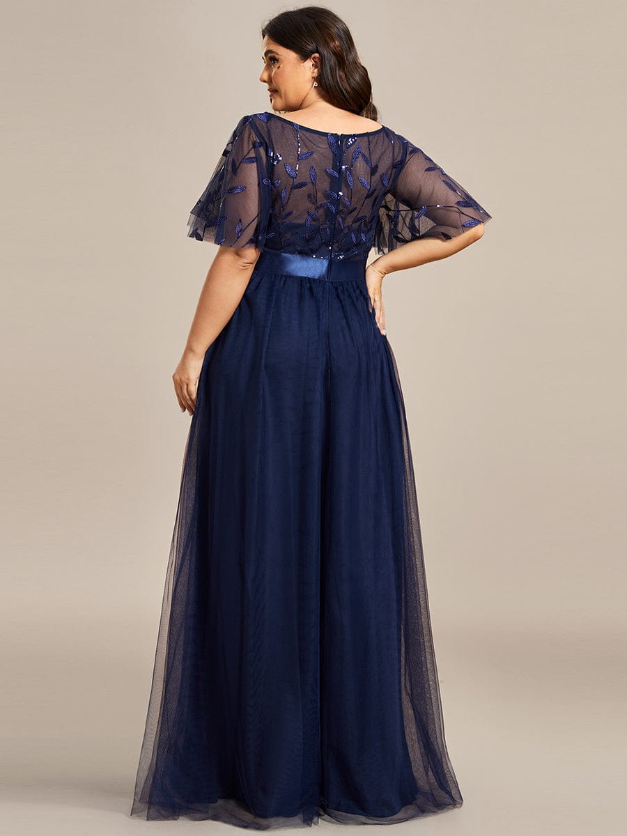 Plus Size Sequin Bodice Long Formal Evening Dresses #color_Navy Blue