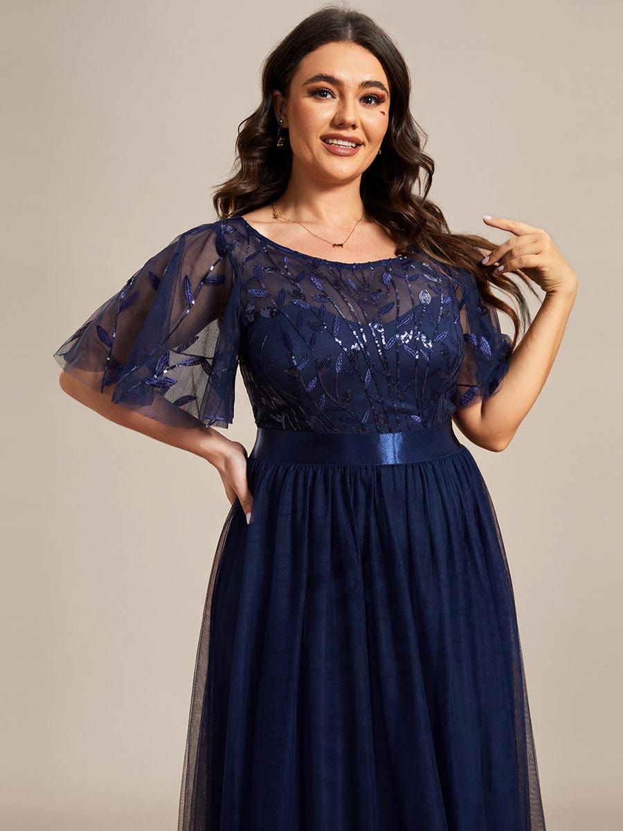 Plus Size Women's Embroidery Evening Dresses with Short Sleeve #color_Navy Blue