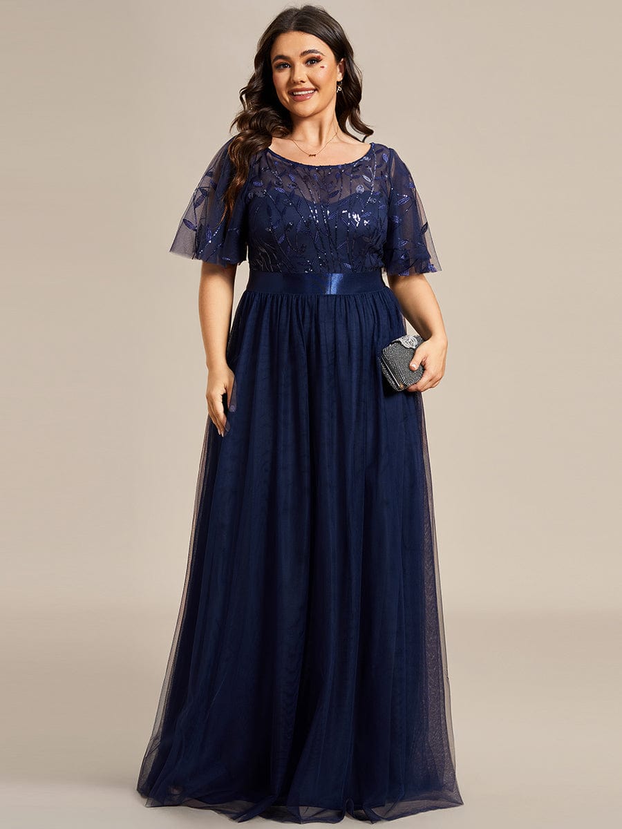 Plus Size Sequin Bodice Long Formal Evening Dresses #color_Navy Blue