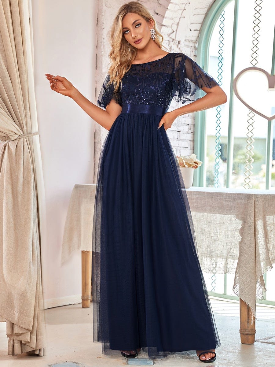 Women's A-Line Sequin Leaf Maxi Prom Dress with Sleeves #color_Navy Blue 