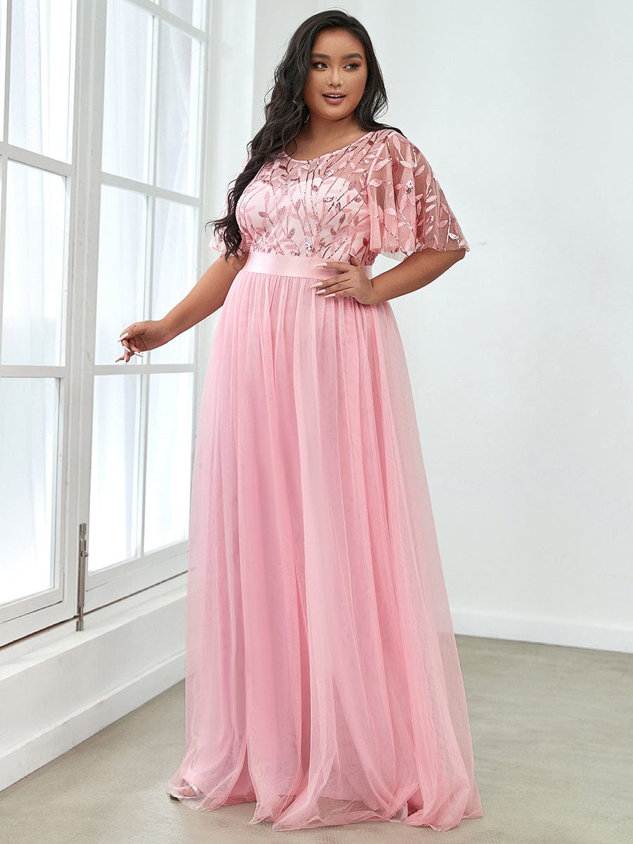 Plus Size Sequin Bodice Long Formal Evening Dresses #color_Pink