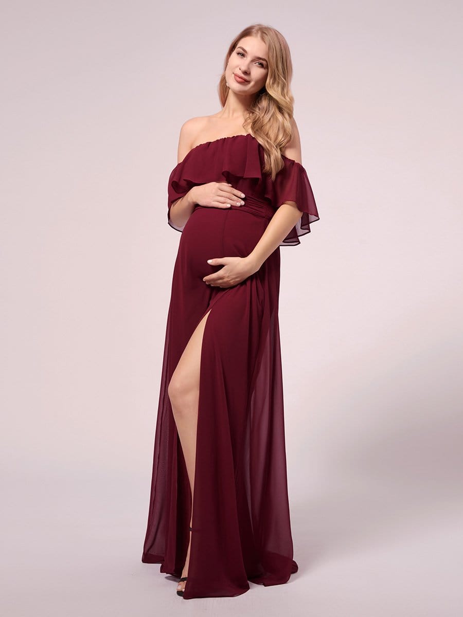 Maxi Chiffon Off the Shoulder Ruffled Maternity Evening Dress #color_Burgundy 