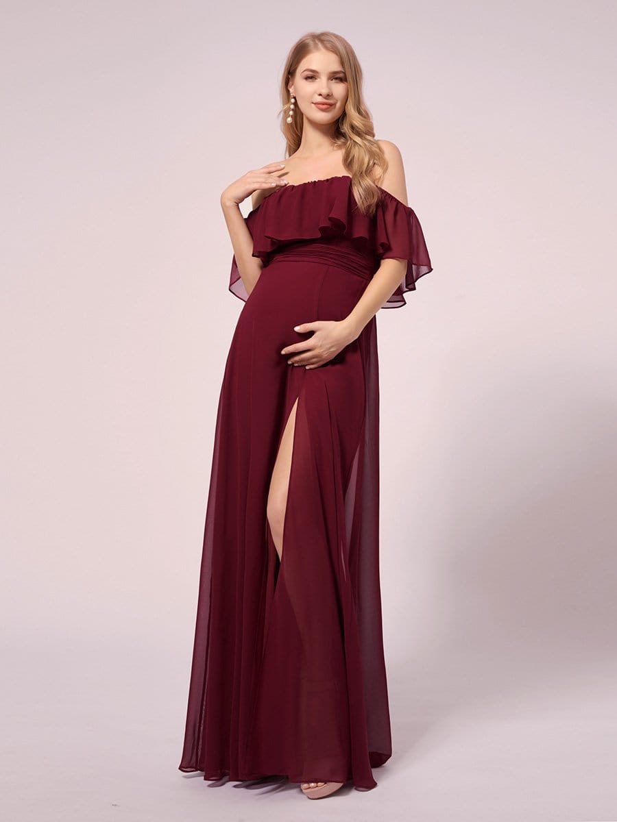 Maxi Chiffon Off the Shoulder Ruffled Maternity Evening Dress #color_Burgundy 