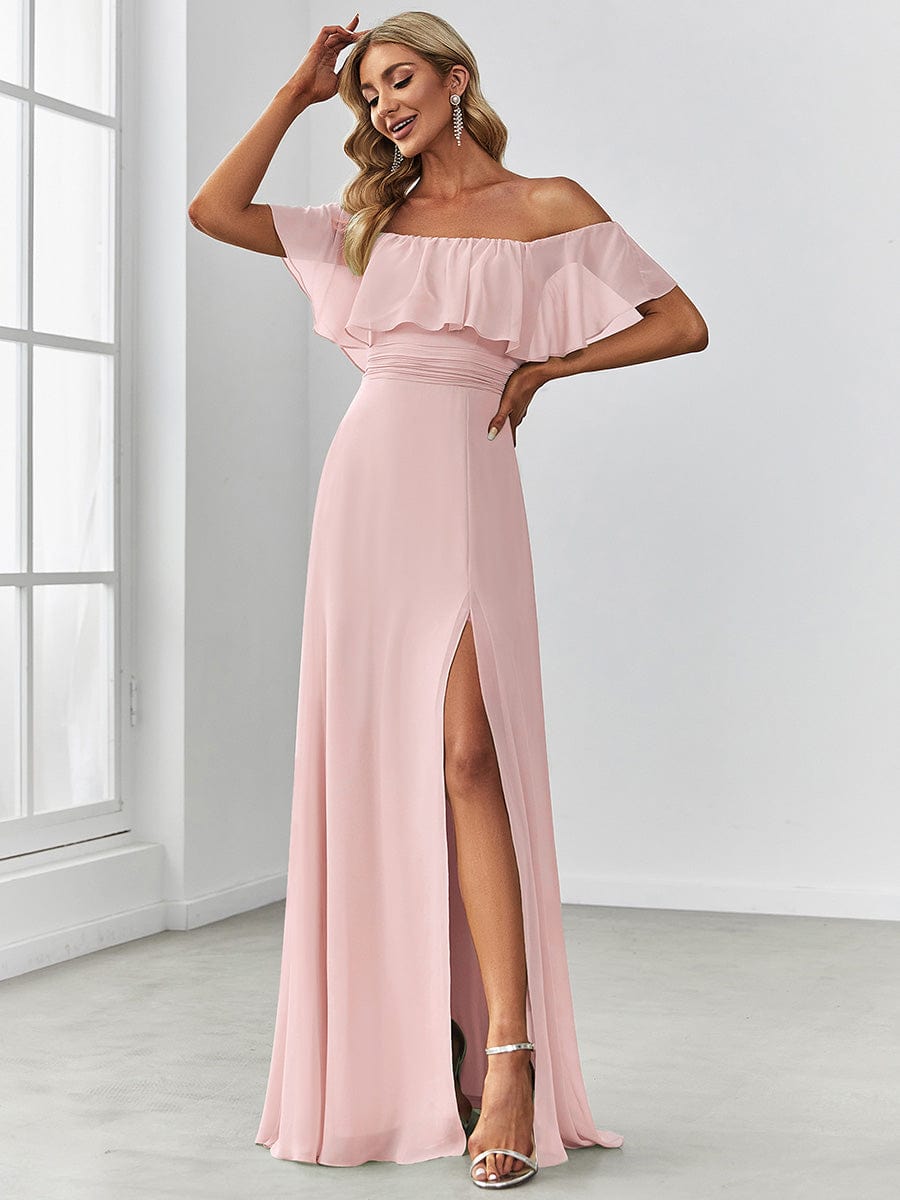 Women's Off Shoulder Ruffle Thigh Split Bridesmaid Dresses #color_Pink 