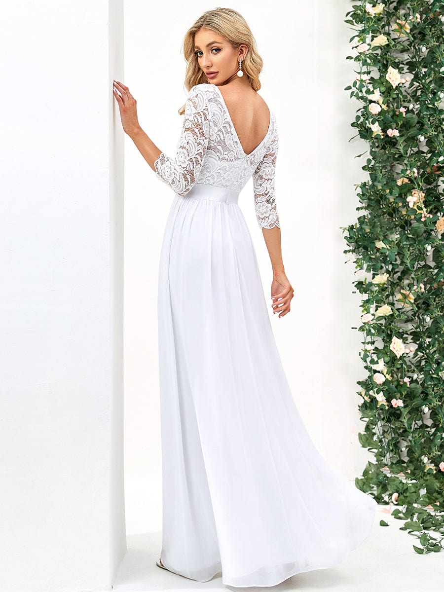 See-Through Floor Length Lace Chiffon Evening Dress with Half Sleeve #color_White
