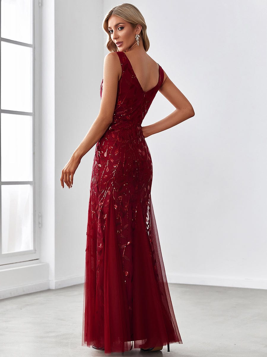 Women's Double V-Neck Fishtail Sequin Evening Dress #Color_Burgundy