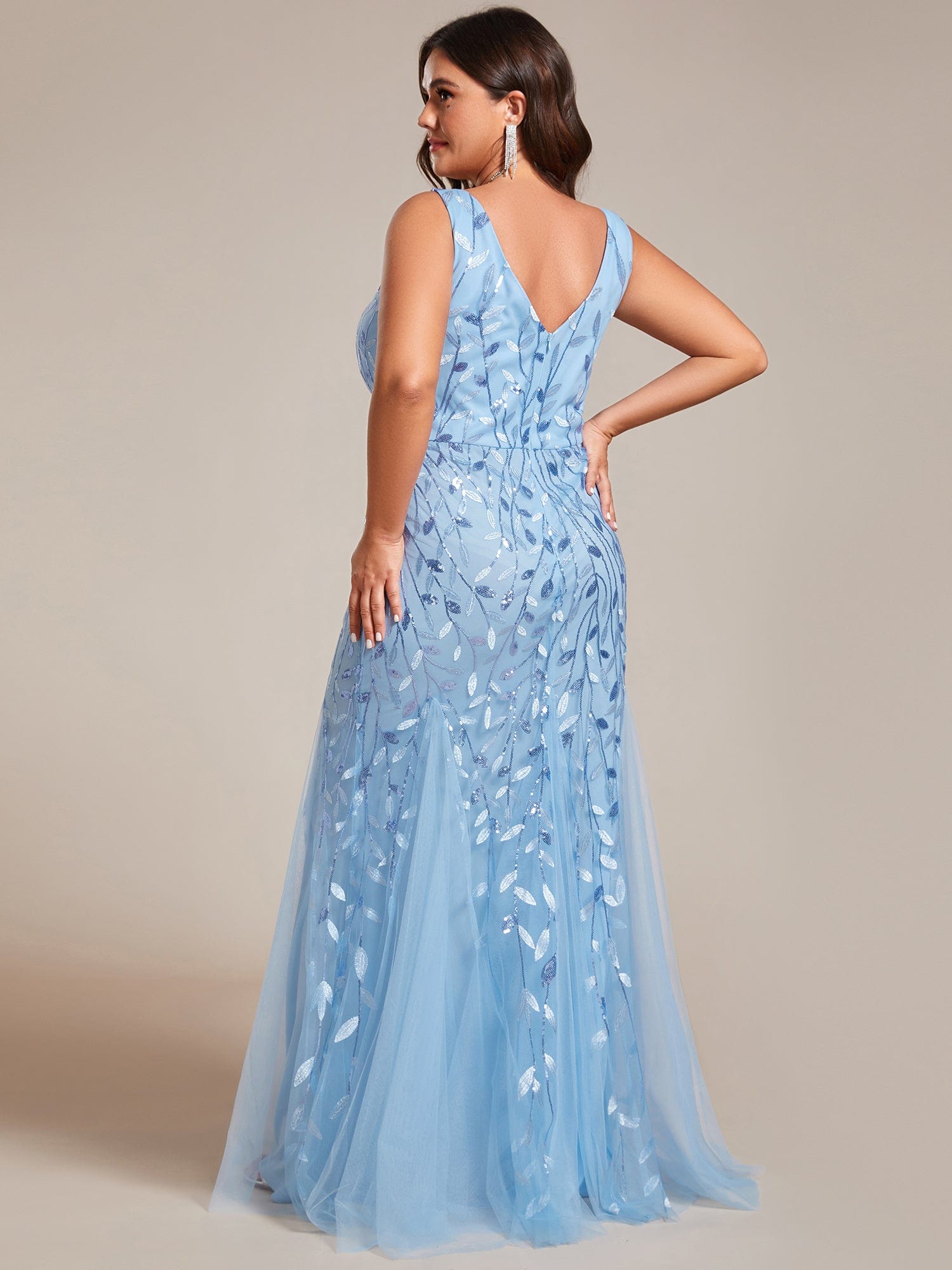 Women's Double V-Neck Fishtail Sequin Evening Dress #Color_Sky Blue