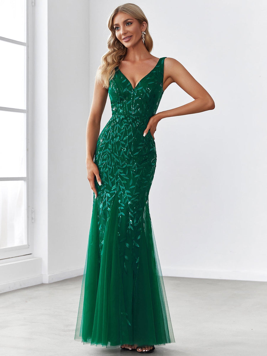 Women's Double V-Neck Fishtail Sequin Evening Dress #Color_Dark Green