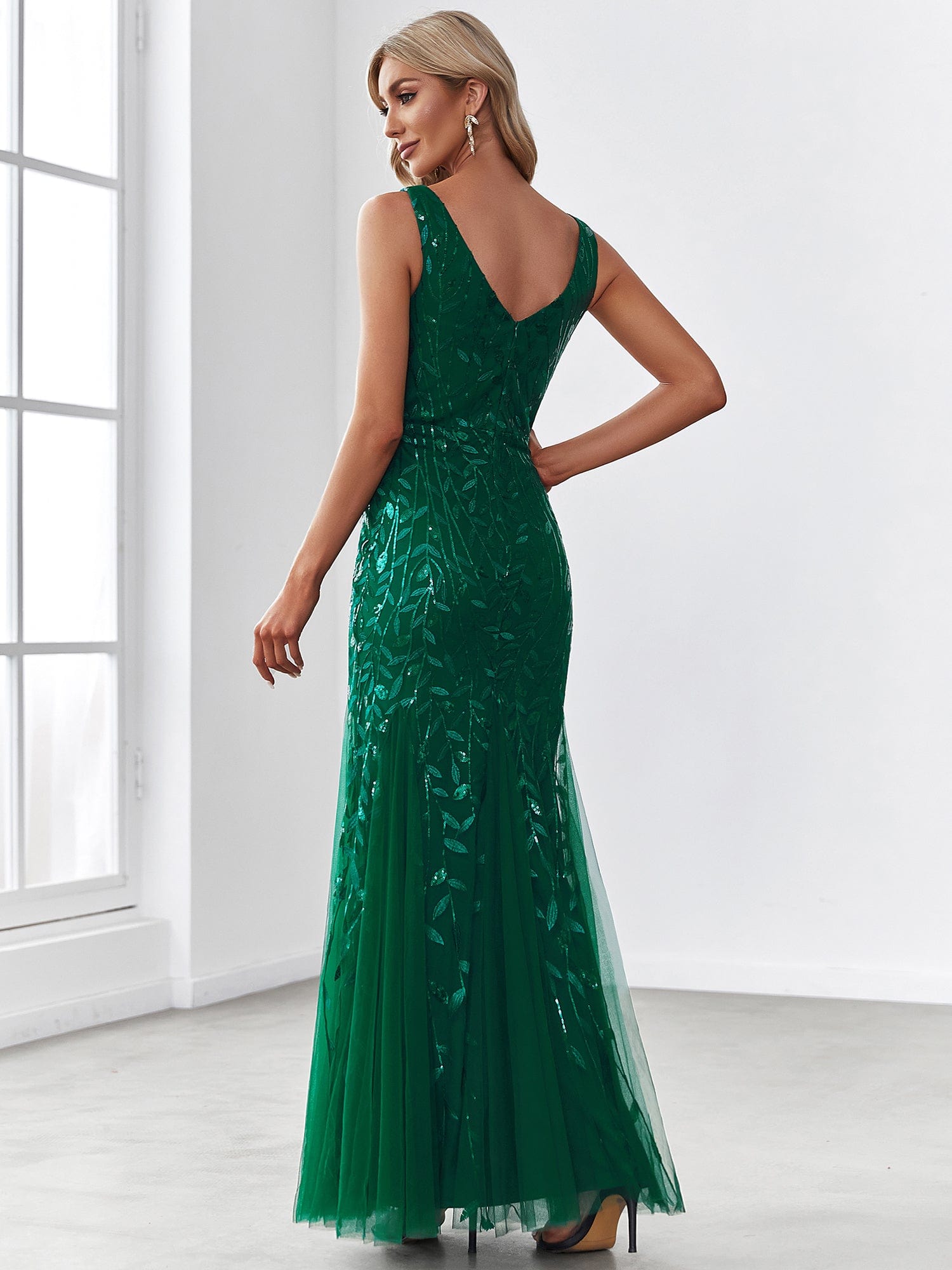 Women's Double V-Neck Fishtail Sequin Evening Dress #Color_Dark Green
