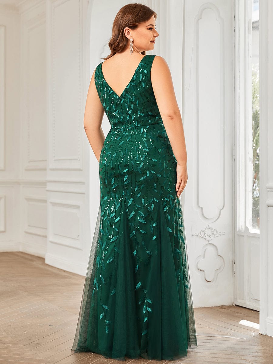 Custom Size Double V-Neck Fishtail Sequin Formal Maxi Evening Dress #color_Dark Green