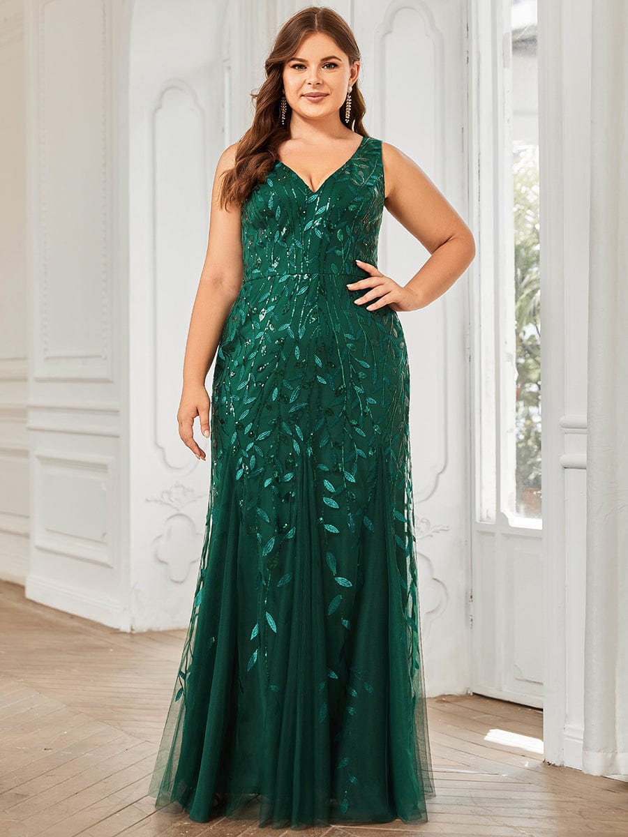 Custom Size Double V-Neck Fishtail Sequin Formal Maxi Evening Dress #color_Dark Green