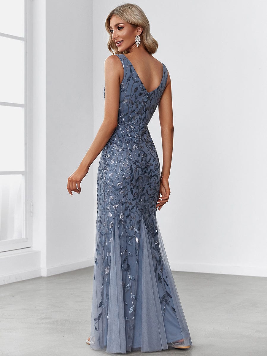 Women's Double V-Neck Fishtail Sequin Evening Dress #Color_Dusty Blue