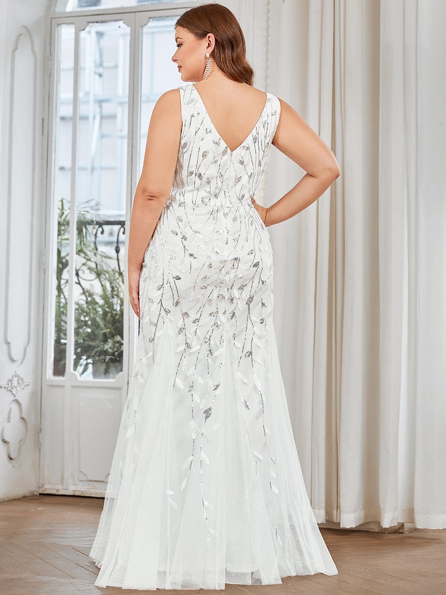 Women's Double V-Neck Fishtail Sequin Evening Dress #Color_White