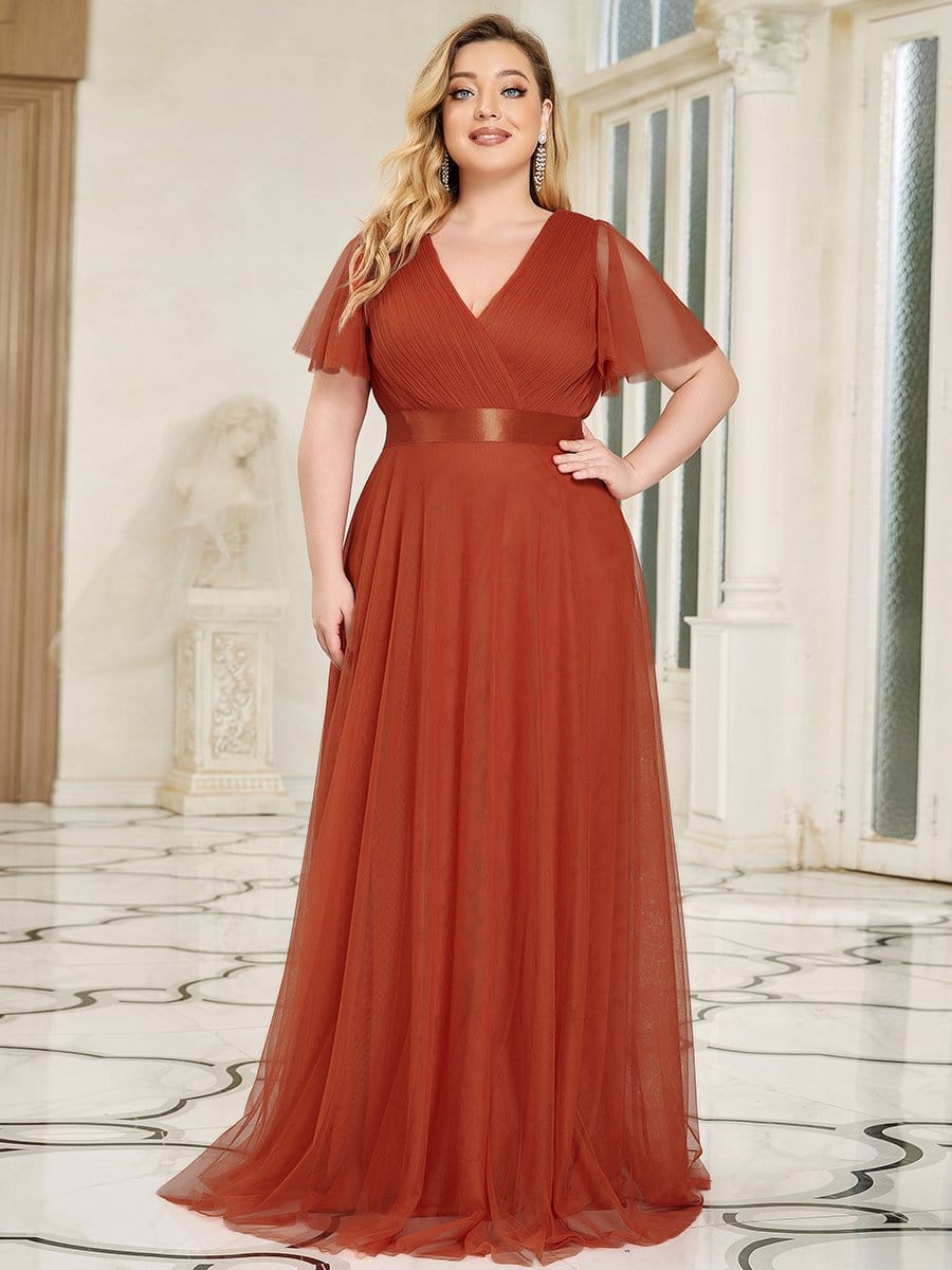 Double V-Neck Floor-Length Short Sleeve Tulle Bridesmaid Dresses #color_Burnt Orange