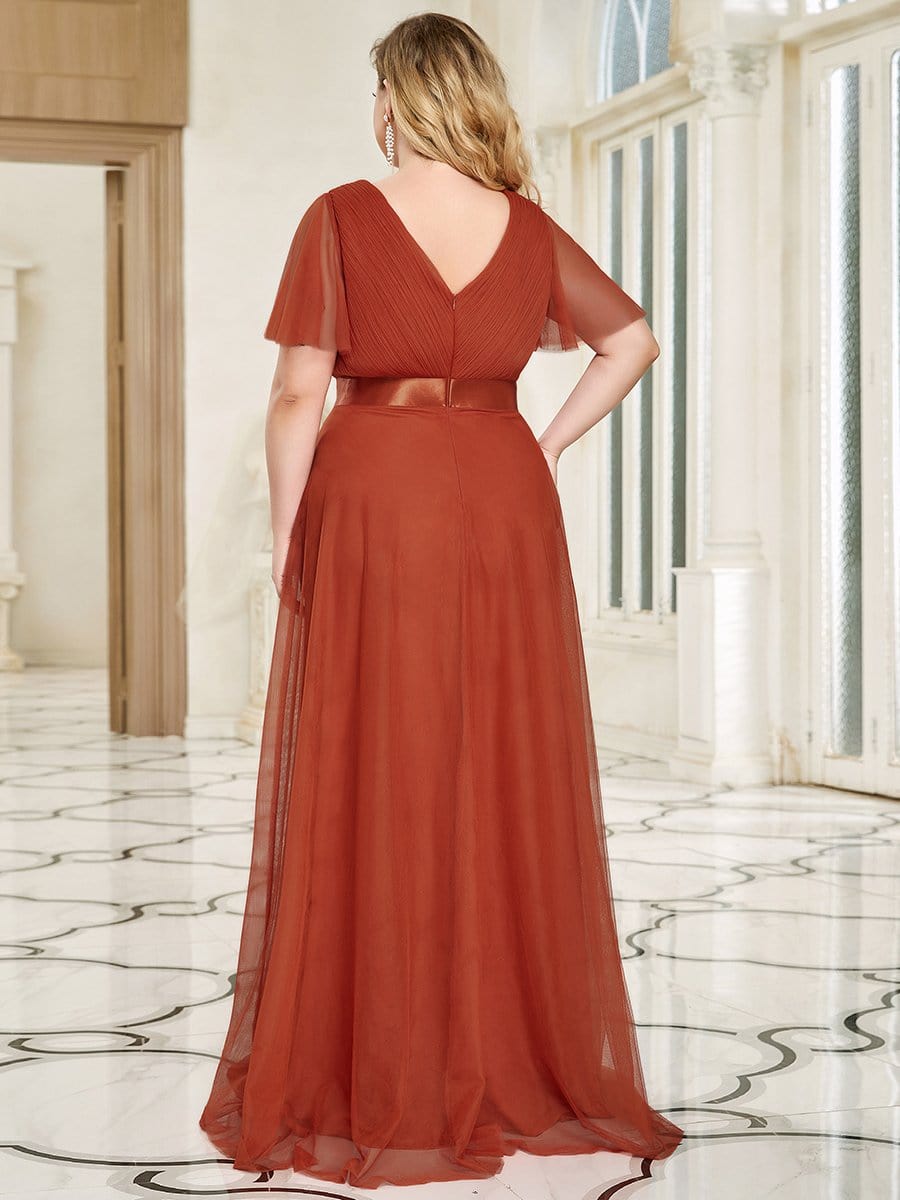 Double V-Neck Floor-Length Short Sleeve Tulle Bridesmaid Dresses #color_Burnt Orange