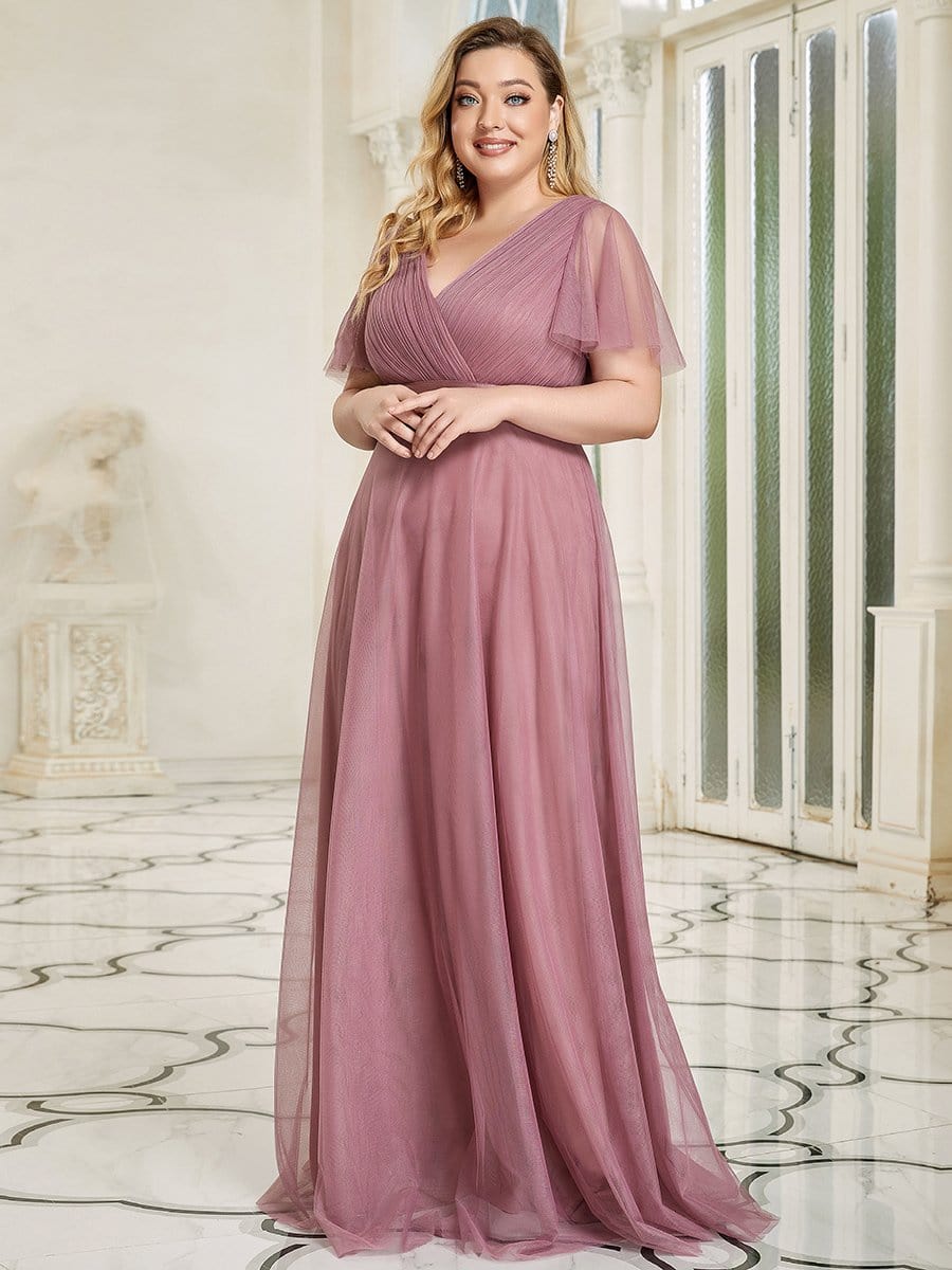 Double V-Neck Floor-Length Short Sleeve Tulle Bridesmaid Dresses #color_Purple Orchid