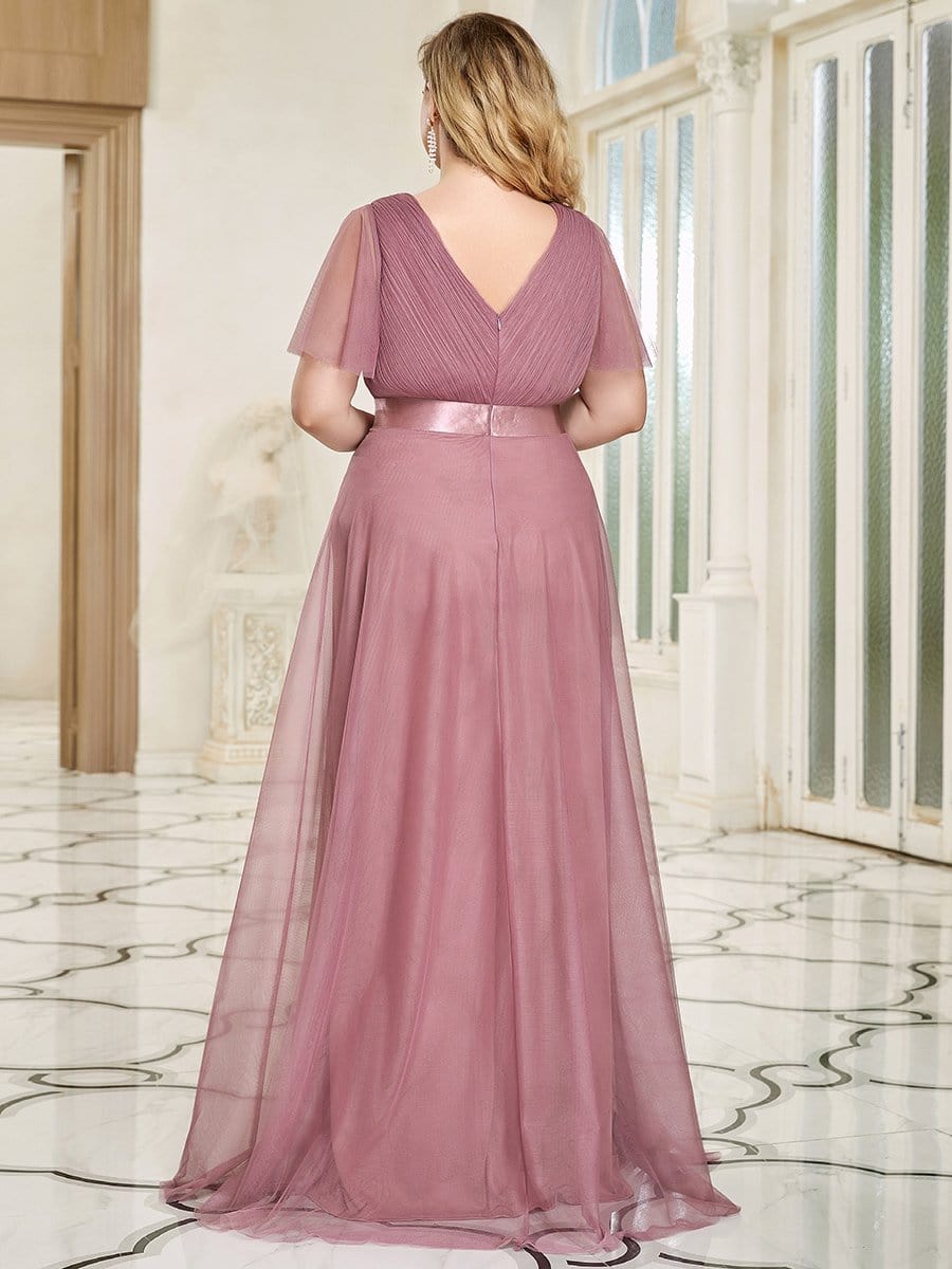 Double V-Neck Floor-Length Short Sleeve Tulle Bridesmaid Dresses #color_Purple Orchid