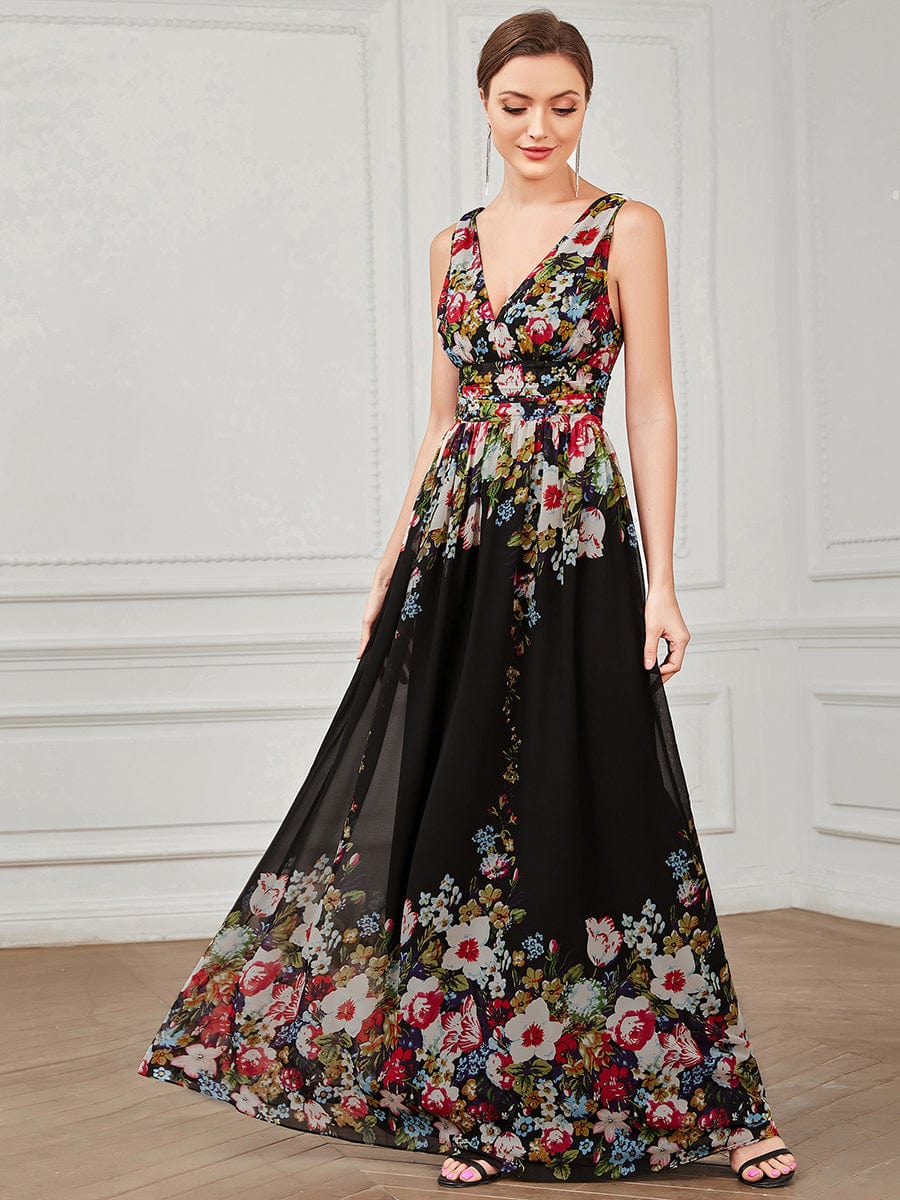 Pleated Sleeveless V-Neck Chiffon Maxi Dress #color_Black and Printed