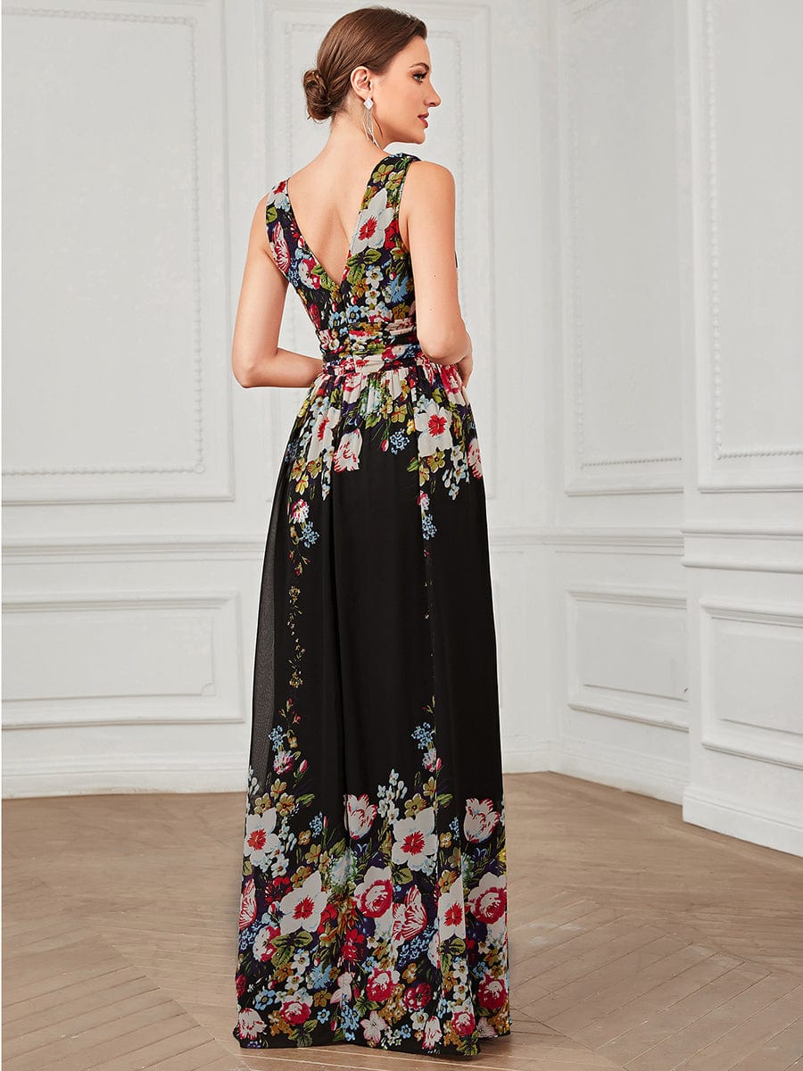 Pleated Sleeveless V-Neck Chiffon Maxi Dress #color_Black and Printed