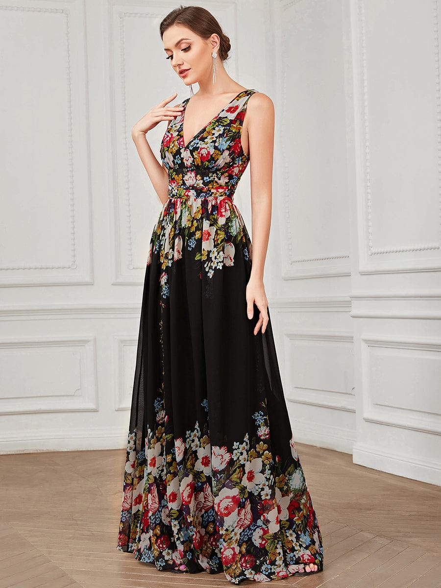 Pleated Sleeveless V-Neck Chiffon Maxi Dress #color_Black and Printed