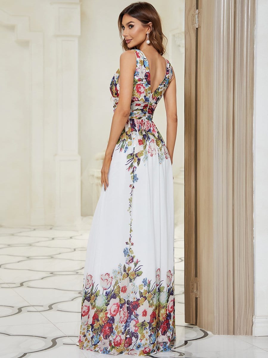 Pleated Sleeveless V-Neck Chiffon Maxi Dress #color_Printed Cream