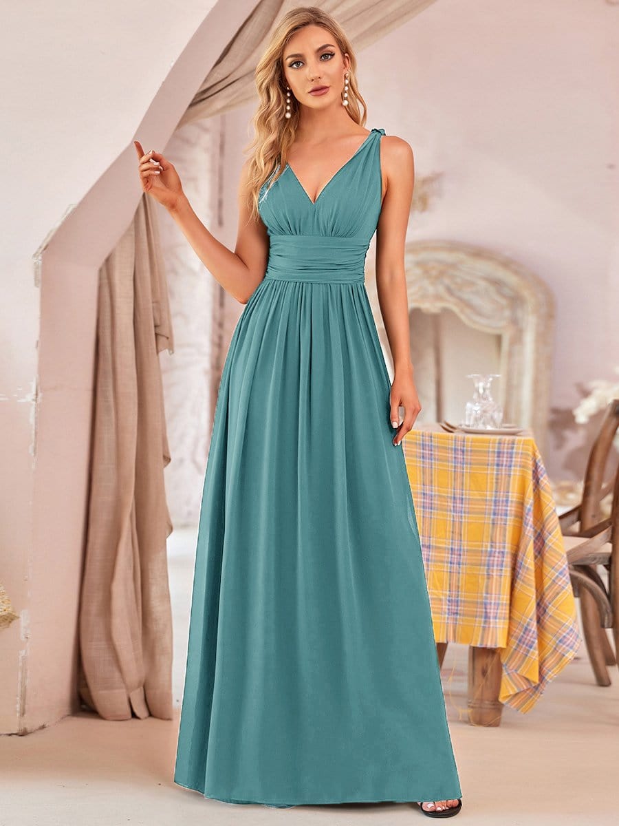 Pleated Sleeveless V-Neck Chiffon Maxi Dress #color_Light Teal