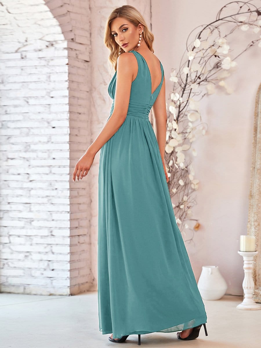 Pleated Sleeveless V-Neck Chiffon Maxi Dress #color_Light Teal