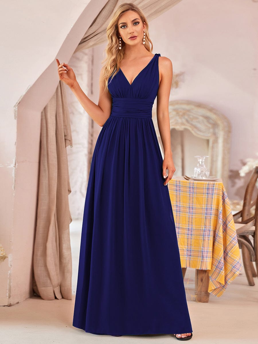 Pleated Sleeveless V-Neck Chiffon Maxi Dress #color_Royal Blue