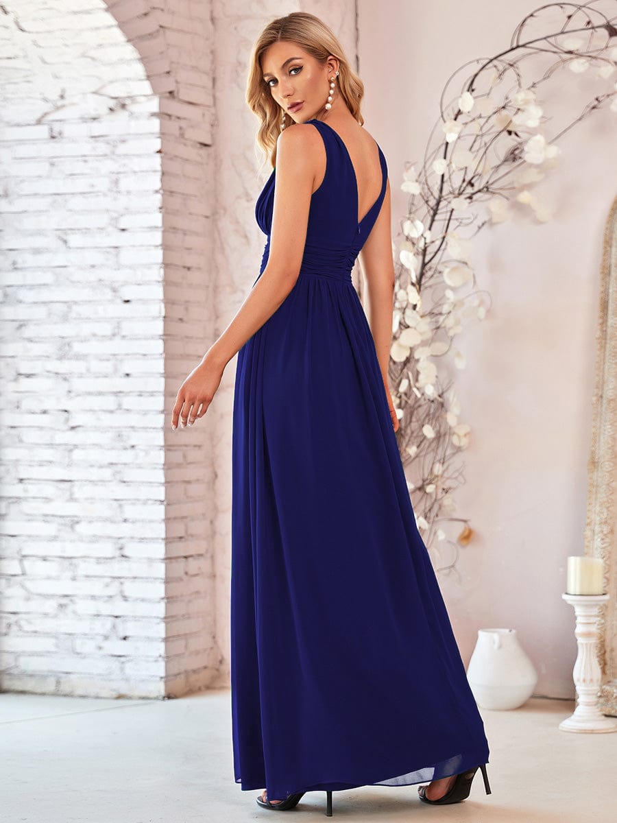 Pleated Sleeveless V-Neck Chiffon Maxi Dress #color_Royal Blue