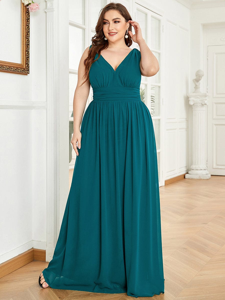 Pleated Sleeveless V-Neck Chiffon Maxi Dress #color_Teal