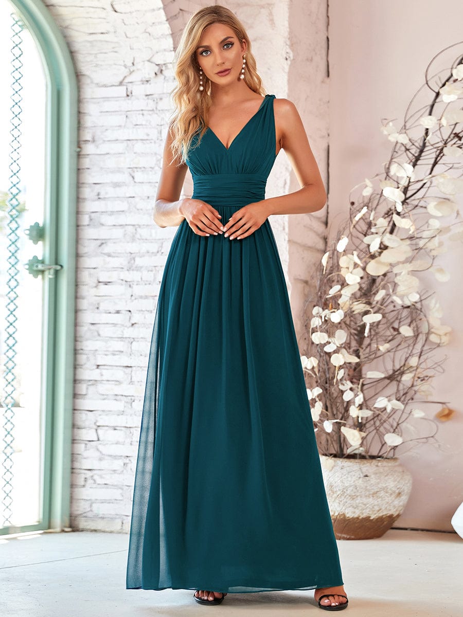 Pleated Sleeveless V-Neck Chiffon Maxi Dress #color_Teal