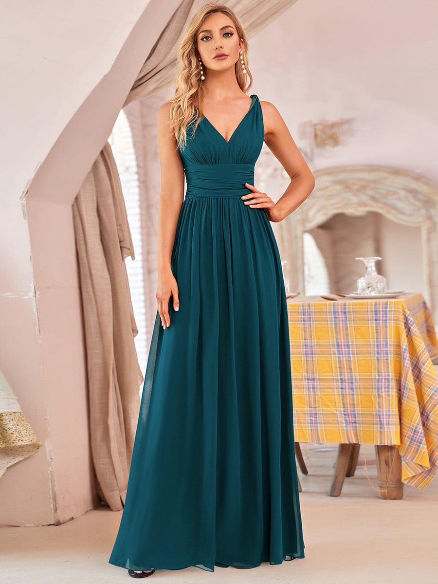 Pleated Sleeveless V-Neck Chiffon Maxi Dress #color_Teal