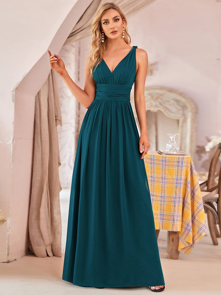 Pleated Sleeveless V-Neck Chiffon Maxi Dress #color_Teal