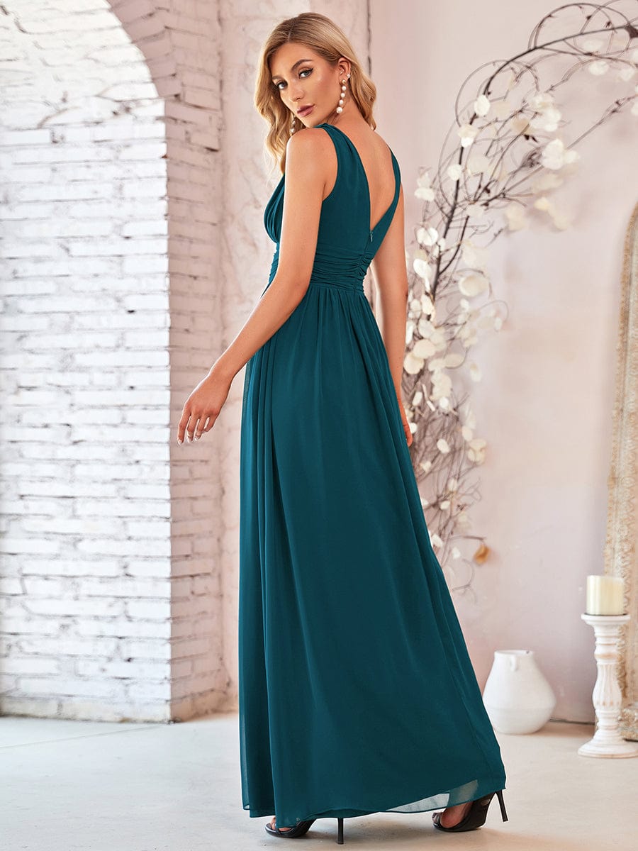 Pleated Sleeveless V-Neck Chiffon Maxi Dress #color_Teal