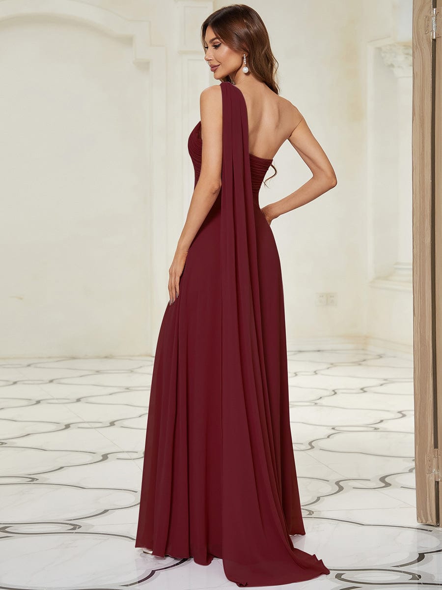 One Shoulder Pleated Chiffion Bridesmaid Sleeves #color_Burgundy