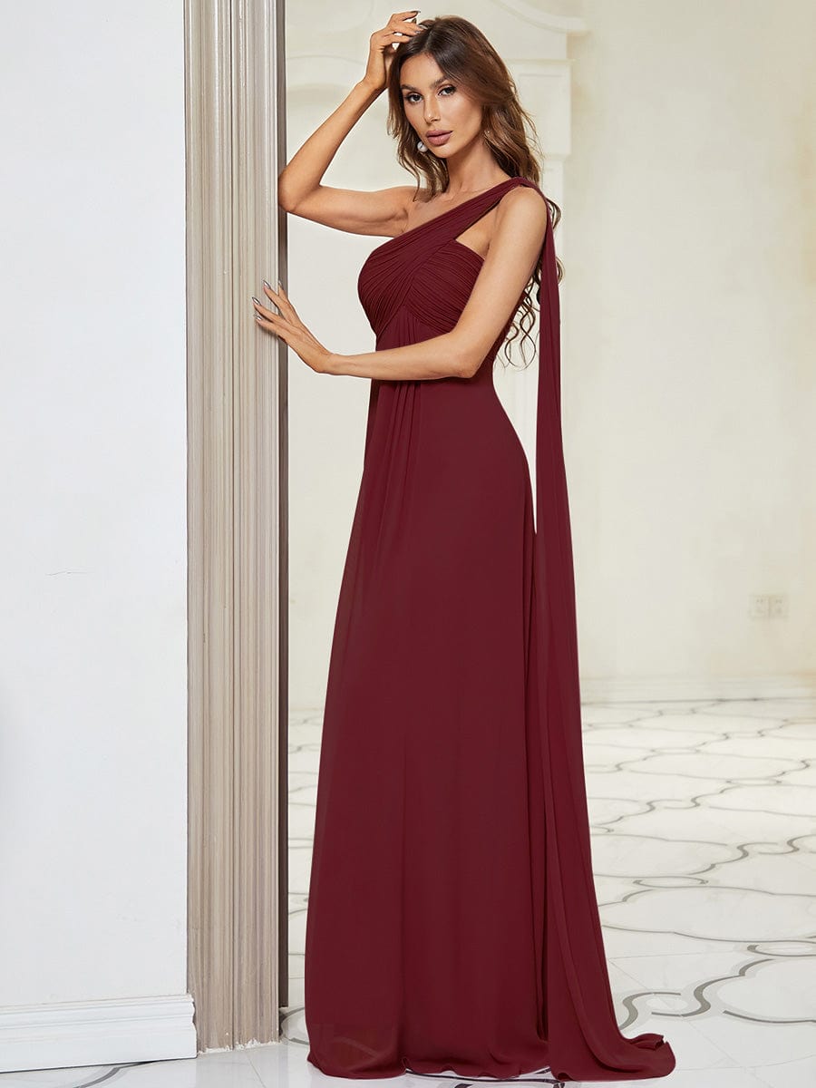 One Shoulder Pleated Chiffion Bridesmaid Sleeves #color_Burgundy