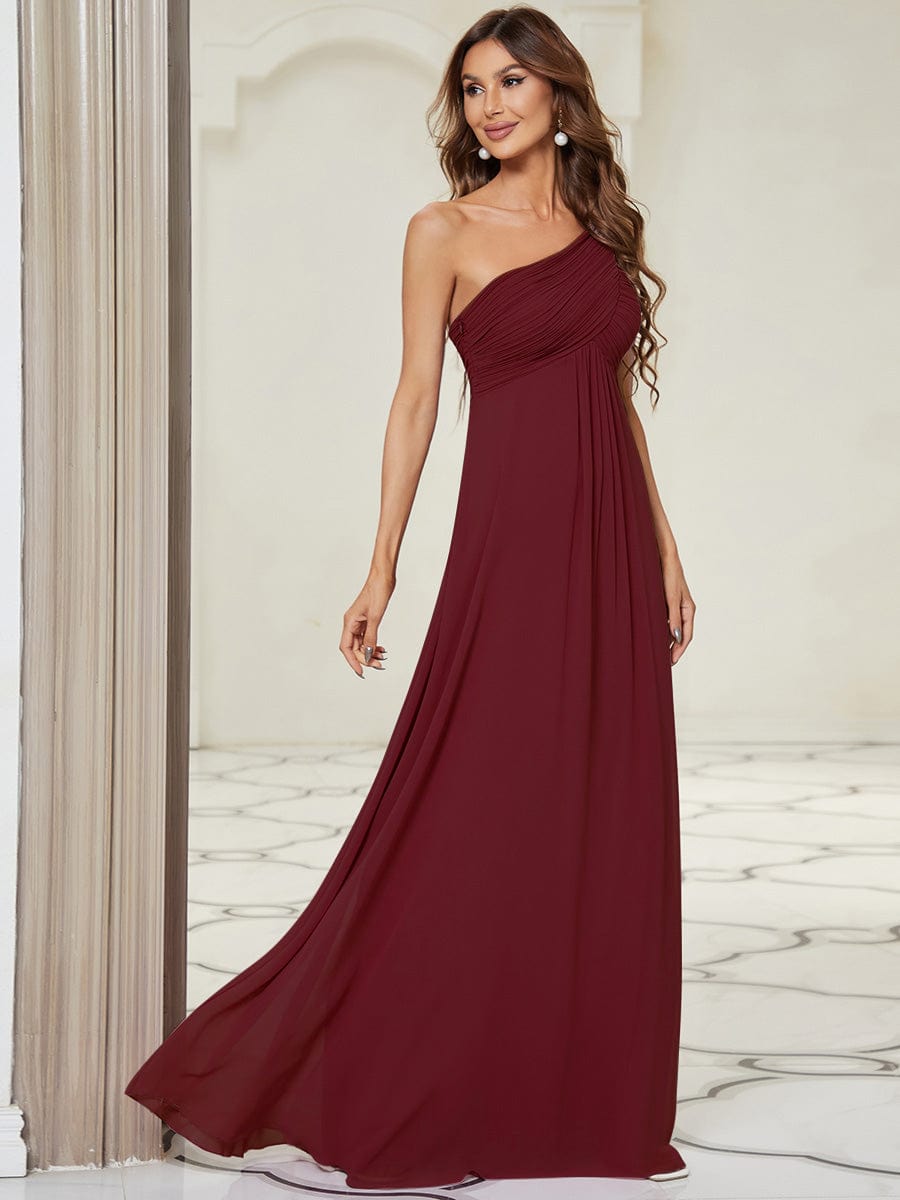 One Shoulder Pleated Chiffion Bridesmaid Sleeves #color_Burgundy