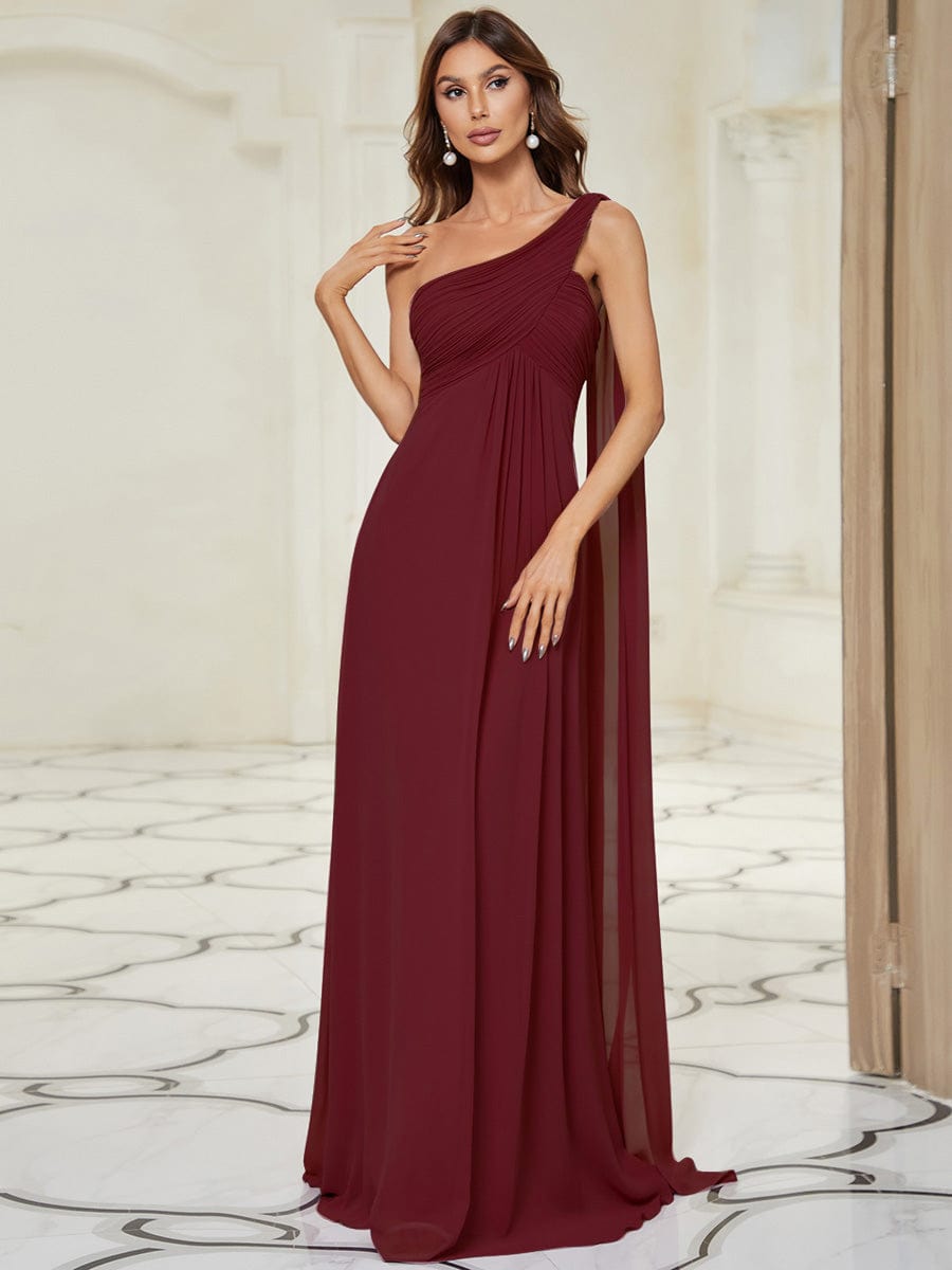 One Shoulder Pleated Chiffion Bridesmaid Sleeves #color_Burgundy