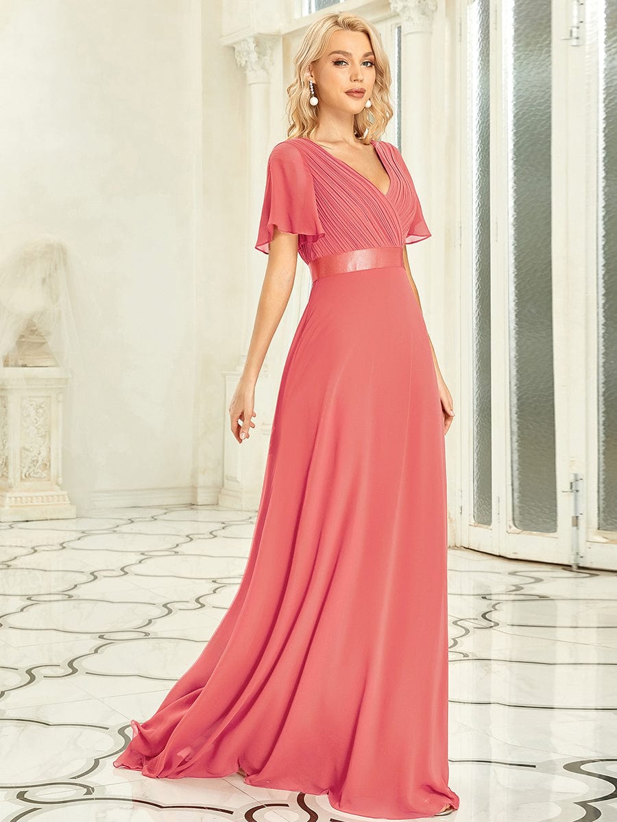 Long Empire Waist Evening Dress with Short Flutter Sleeves #color_Coral