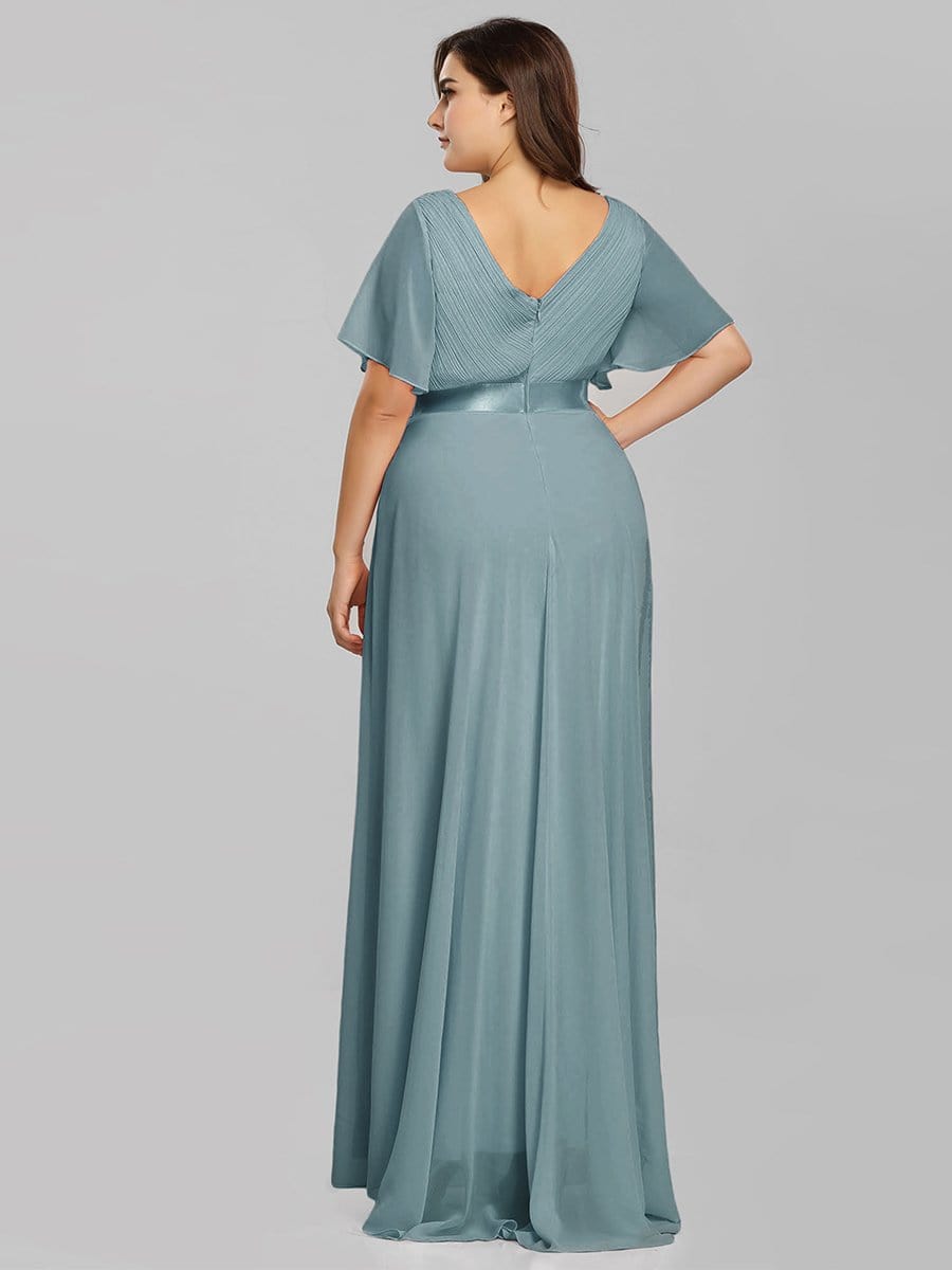 Long Empire Waist Evening Dress with Short Flutter Sleeves #color_Dusty Blue