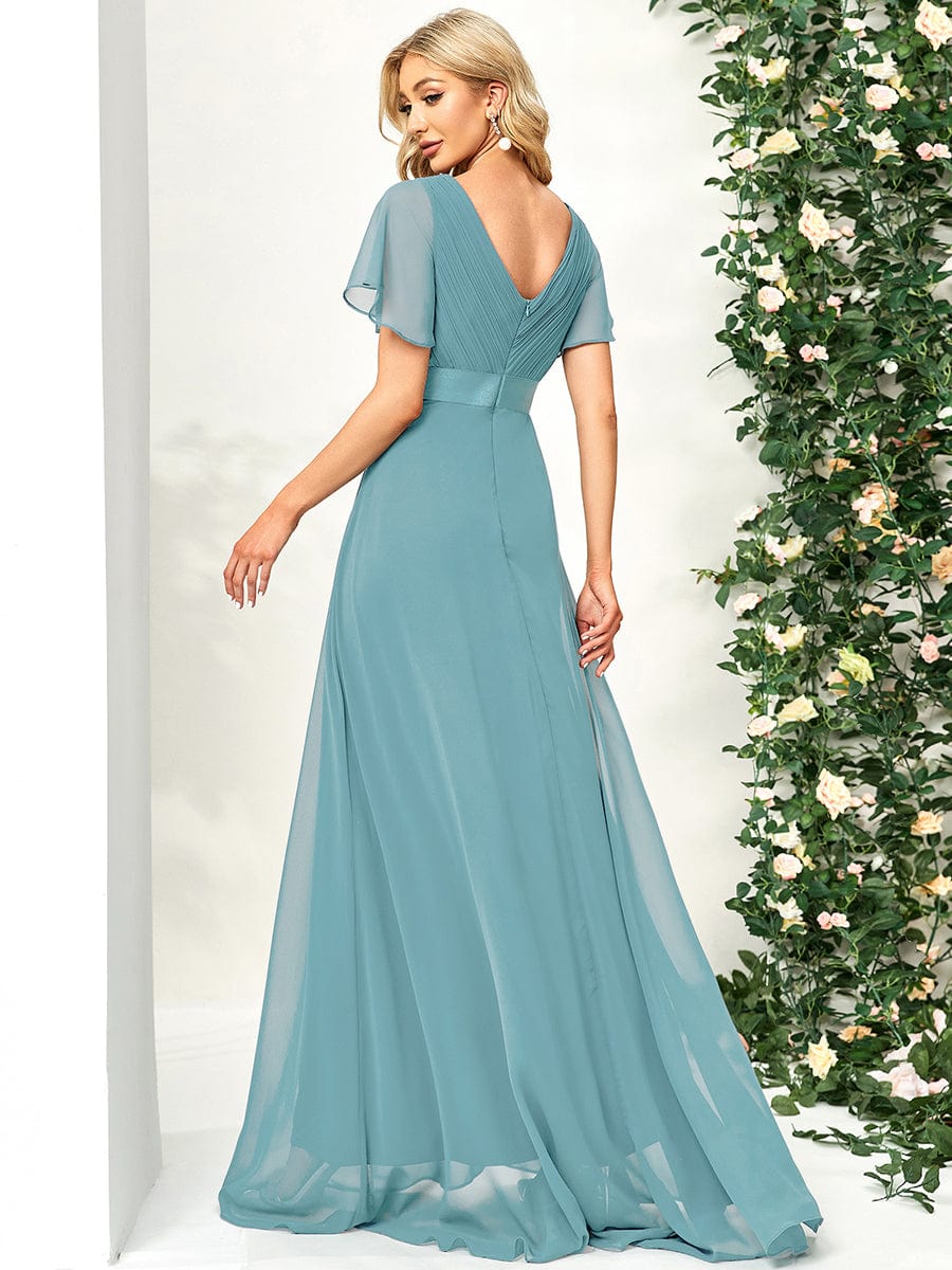 Long Empire Waist Evening Dress with Short Flutter Sleeves #color_Light Teal