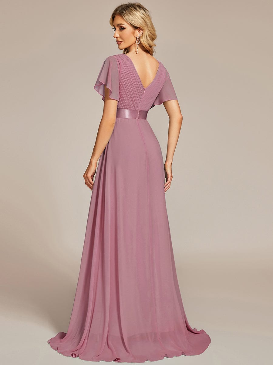 Long Empire Waist Evening Dress with Short Flutter Sleeves #color_Purple Orchid