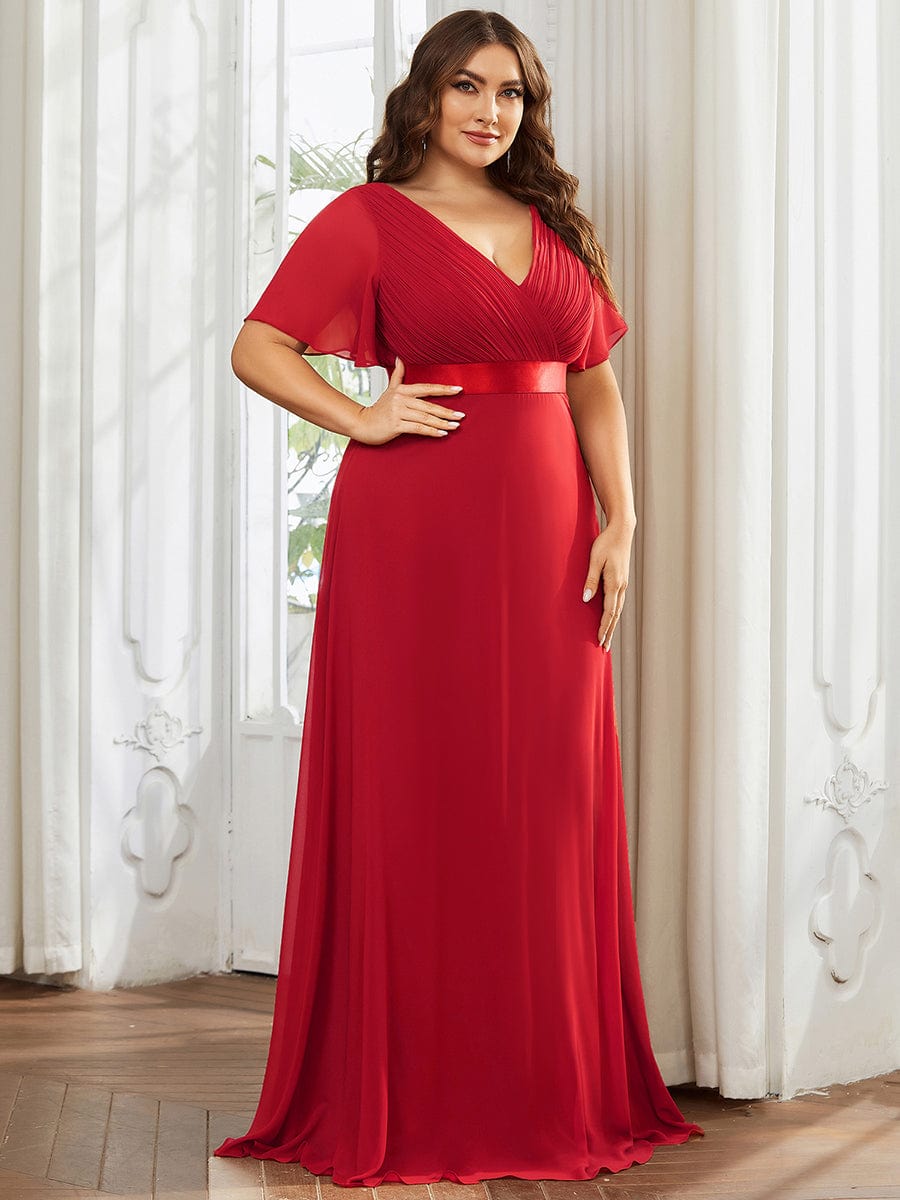 Long Empire Waist Evening Dress with Short Flutter Sleeves #color_Red