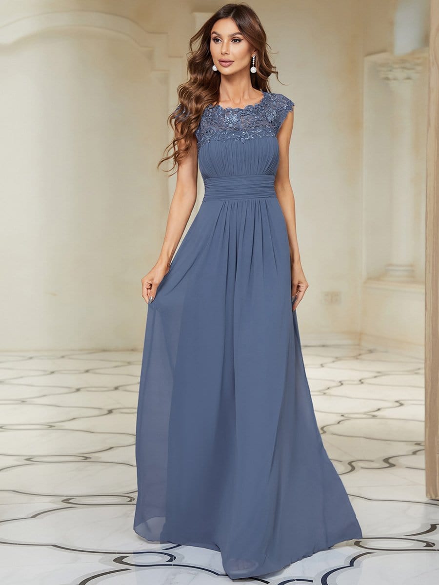 Elegant Maxi Long Lace Cap Sleeve Bridesmaid Dress #color_Dusty Blue 